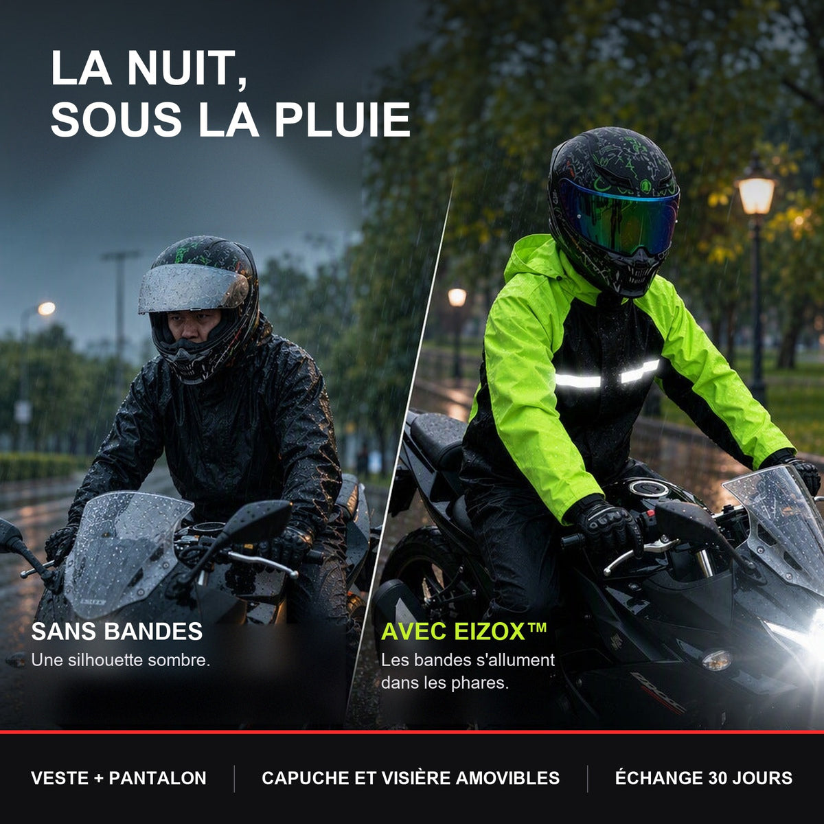 Tenue de Pluie Moto Imperméable 15 000 mm – Veste et Pantalon | EIZOX™ — De nuit