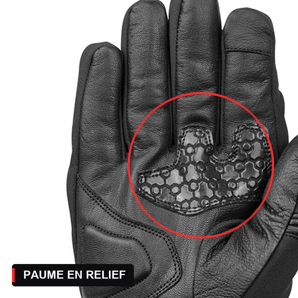 Gant moto hiver noir : côté paume, motif alvéolé à la base des doigts