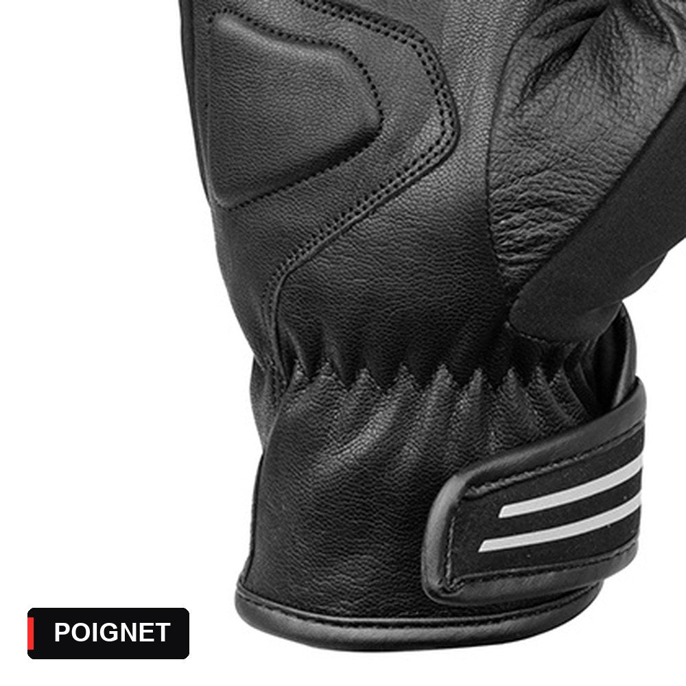 Gant moto hiver noir : poignet froncé et patte de serrage