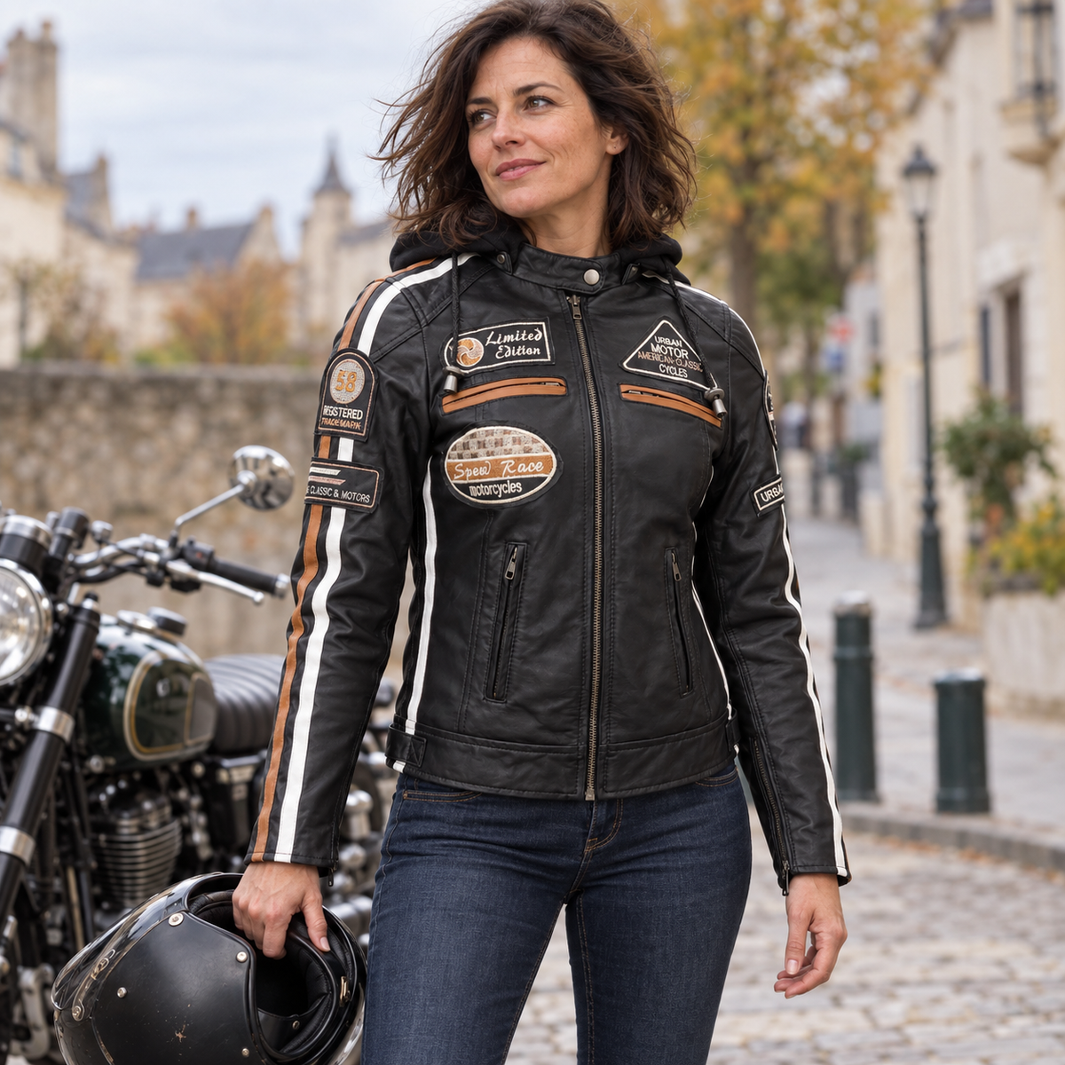 Blouson cuir moto femme style vintage | LEGENDARY 58™ Noir — Porté