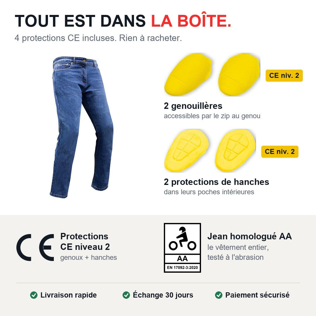 Jean moto Asfalt avec 2 genouillères et 2 protections de hanches CE niveau 2, homologué AA