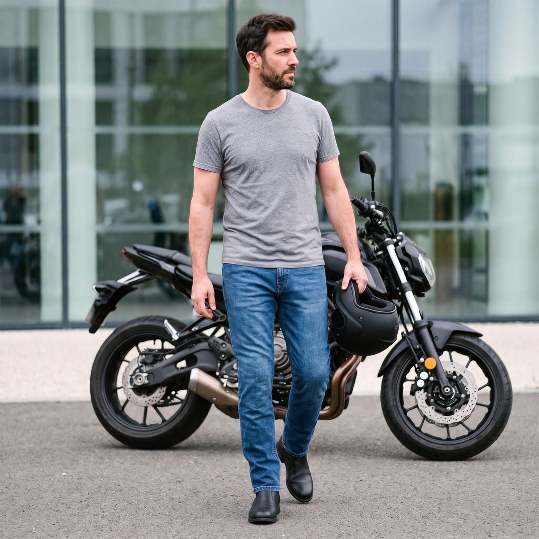 Motard arrivé au travail en jean moto Asfalt, casque à la main