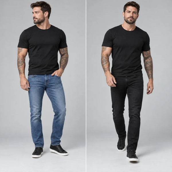 Jean moto homme Asfalt porté, en bleu denim et en noir