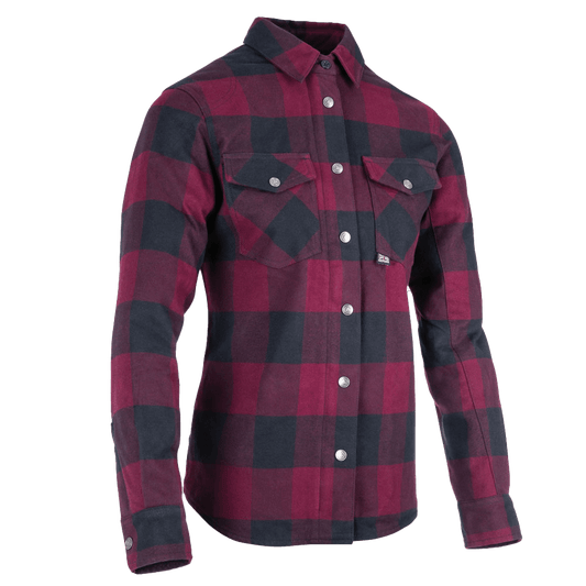 Surchemise moto femme SKADI carreaux rouge et noir, vue trois quarts